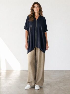 bryn Walker Navy With Gold Coating Zip-Front Italian Fabric Tunic Top Size L